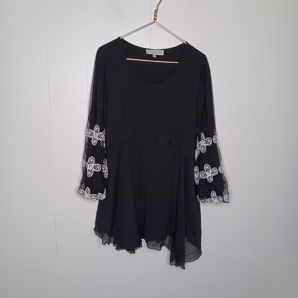 Pretty Angel Tunic Top L Black Crochet Embroidered Flowy Silk Whimsigoth Witchy